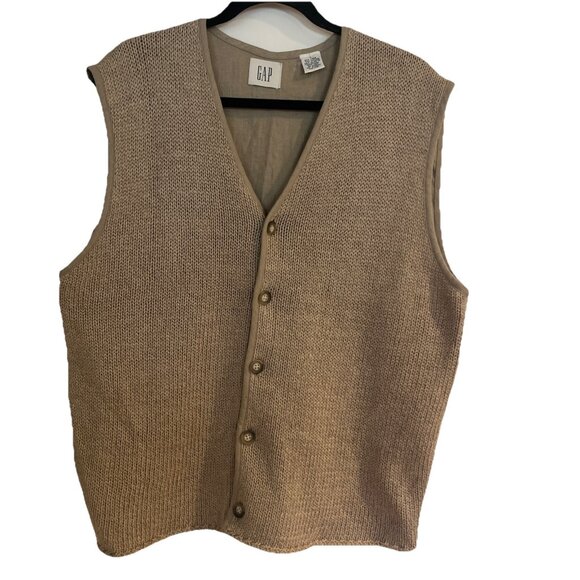 GAP Cardigan Vest Linen Cotton Blend Tan Mens L Button Up Preppy Stylish - Picture 1 of 9